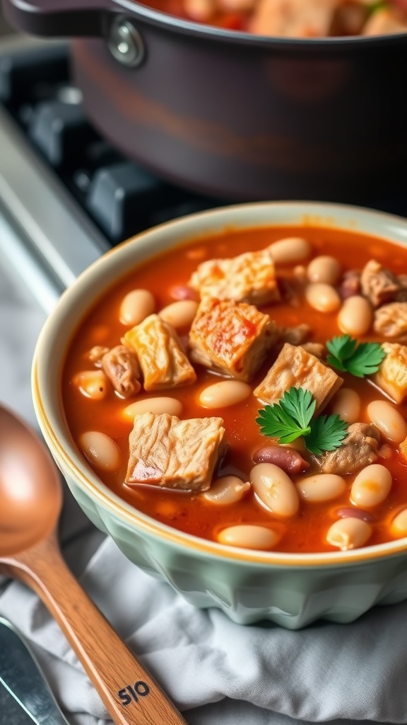 A bowl of pork and beans stew with pork, navy beans, and tomato sauce, garnished with parsley, in a cozy kitchen setting.